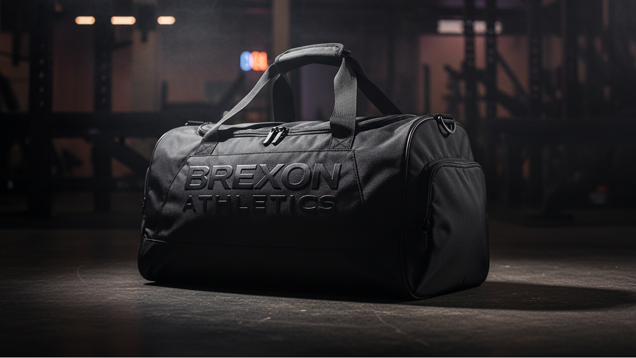 Black gym bag with BREXON ATHLETICS logo in dark gym